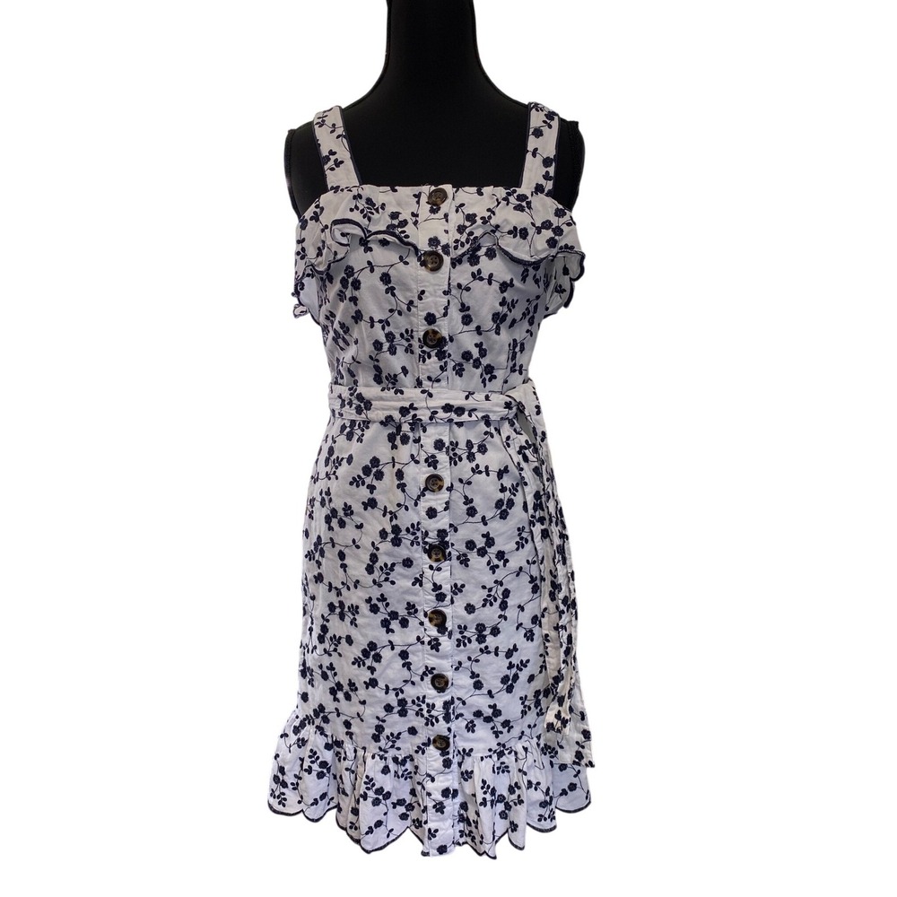 Ann Taylor Petite Sundress Womens XSP White Navy Floral Embroidered Button Front
